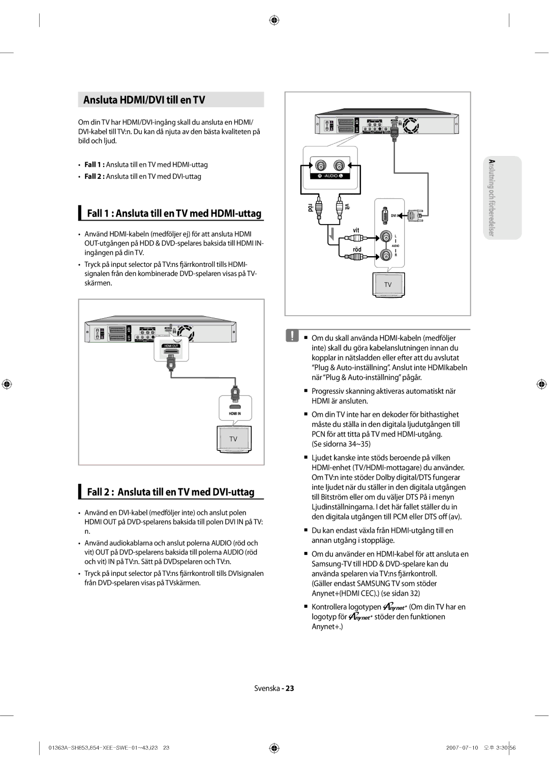 Samsung DVD-SH853/XEE manual Ansluta HDMI/DVI till en TV, Fall 1 Ansluta till en TV med HDMI-uttag 