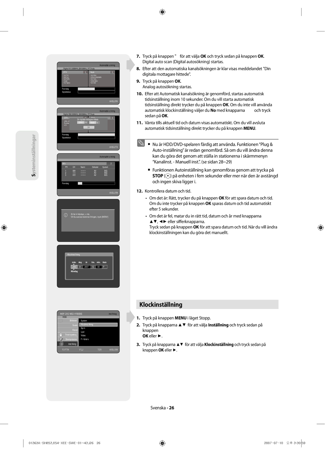 Samsung DVD-SH853/XEE manual Klockinställning, #$#%&*#+*,&-..&/.&!0,#124$3334$ 5&!333673#8#!8*9 