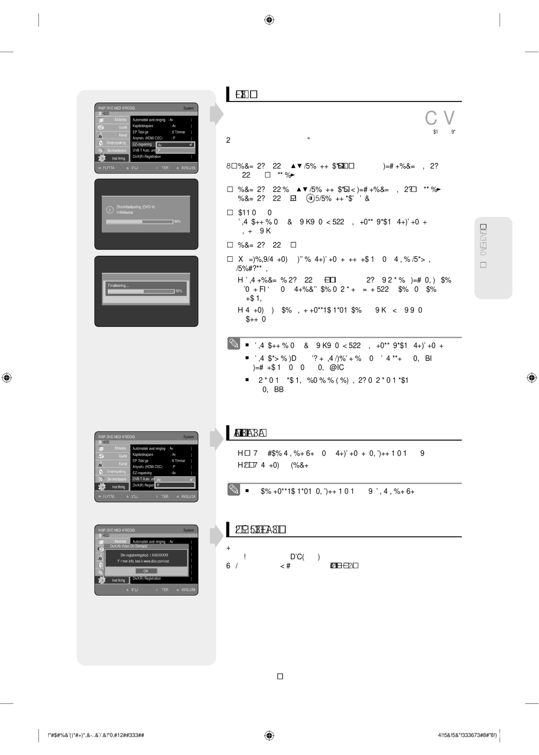 Samsung DVD-SH853/XEE manual EZ-inspelning, DVB-T Auto. undertext, DivXR-registrering 