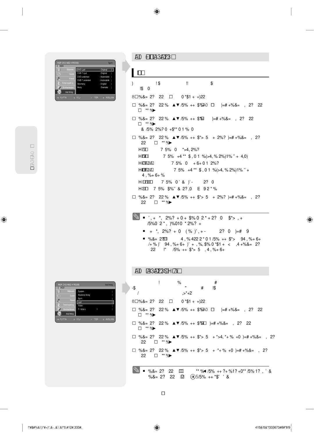 Samsung DVD-SH853/XEE manual Ställa in språkalternativen, Ställa in alternativen för ljud, Språk 