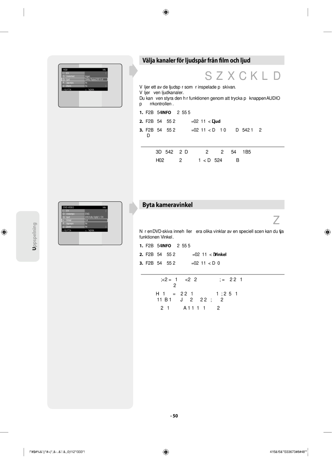 Samsung DVD-SH853/XEE manual Välja kanaler för ljudspår från lm och ljud, Byta kameravinkel, Sök Ingen Undertext Ljud 