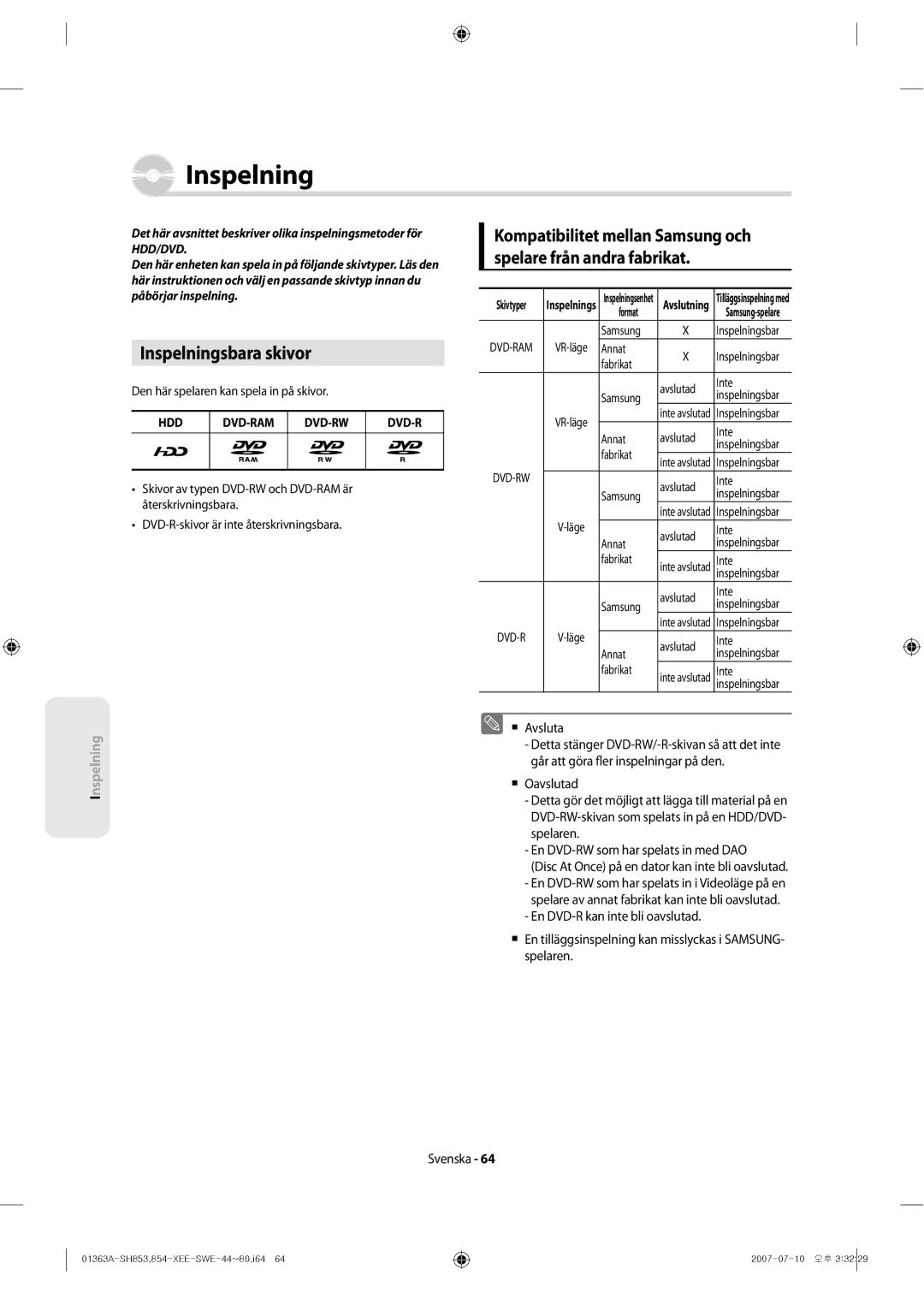 Samsung DVD-SH853/XEE manual Inspelningsbara skivor, Hdd Dvd-Ram Dvd-Rw 