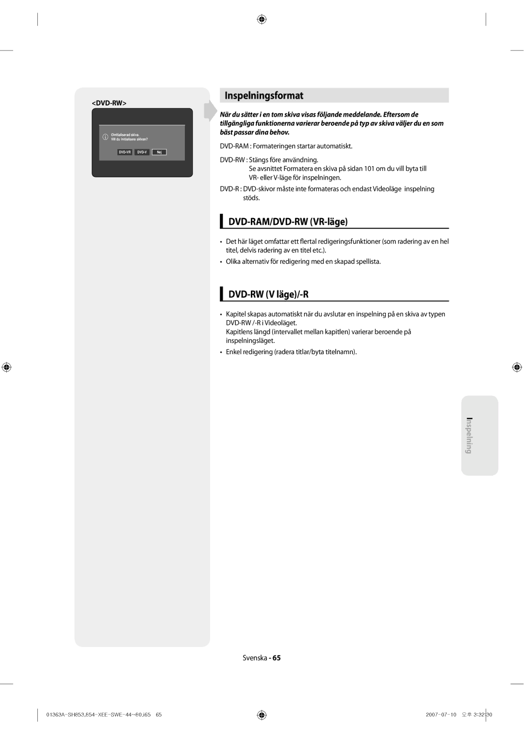 Samsung DVD-SH853/XEE manual Inspelningsformat, DVD-RAM/DVD-RW VR-läge, DVD-RW V läge/-R 