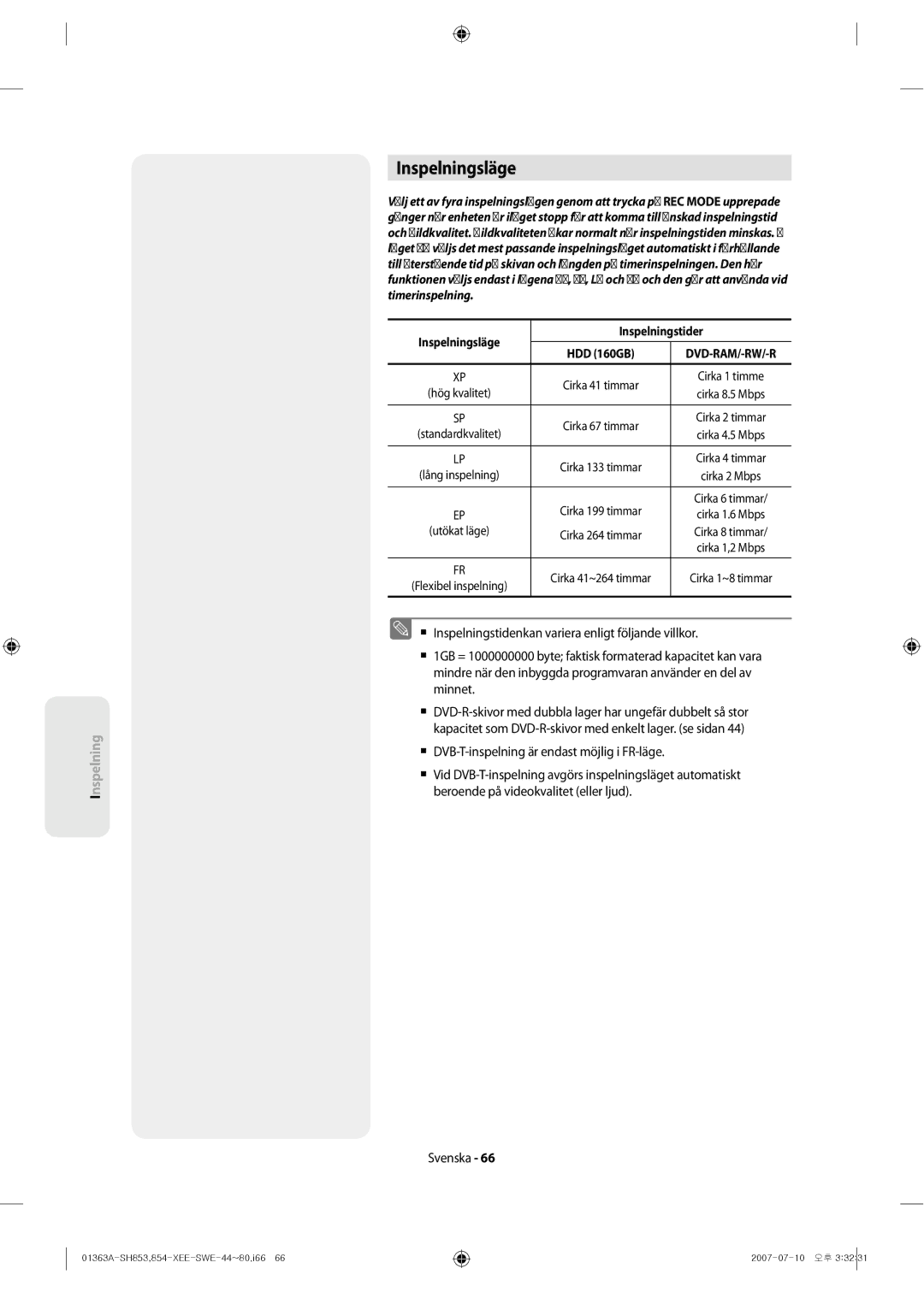 Samsung DVD-SH853/XEE manual Inspelningsläge Inspelningstider 