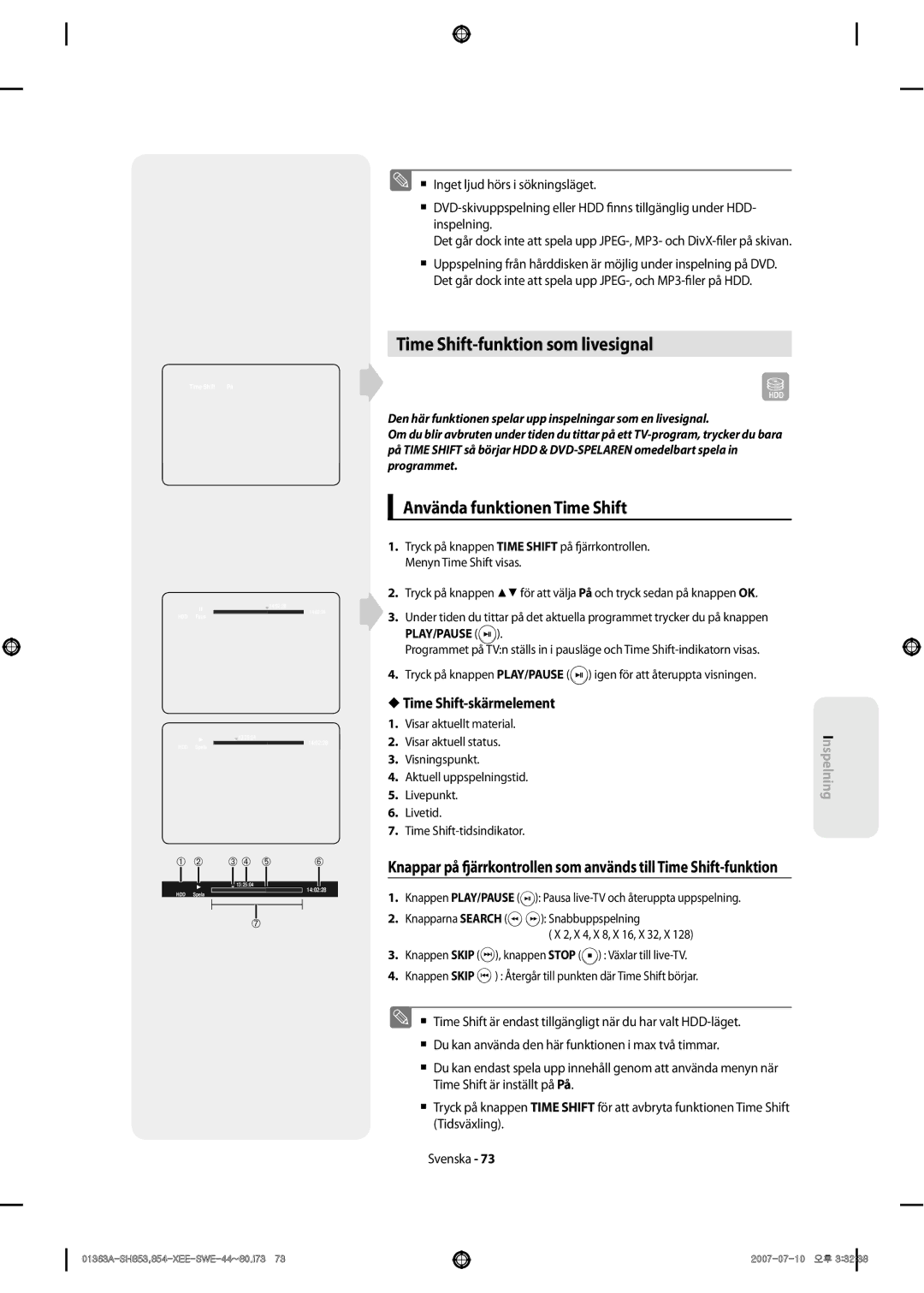 Samsung DVD-SH853/XEE manual Time Shift-funktion som livesignal, Använda funktionen Time Shift, Time Shift-skärmelement 