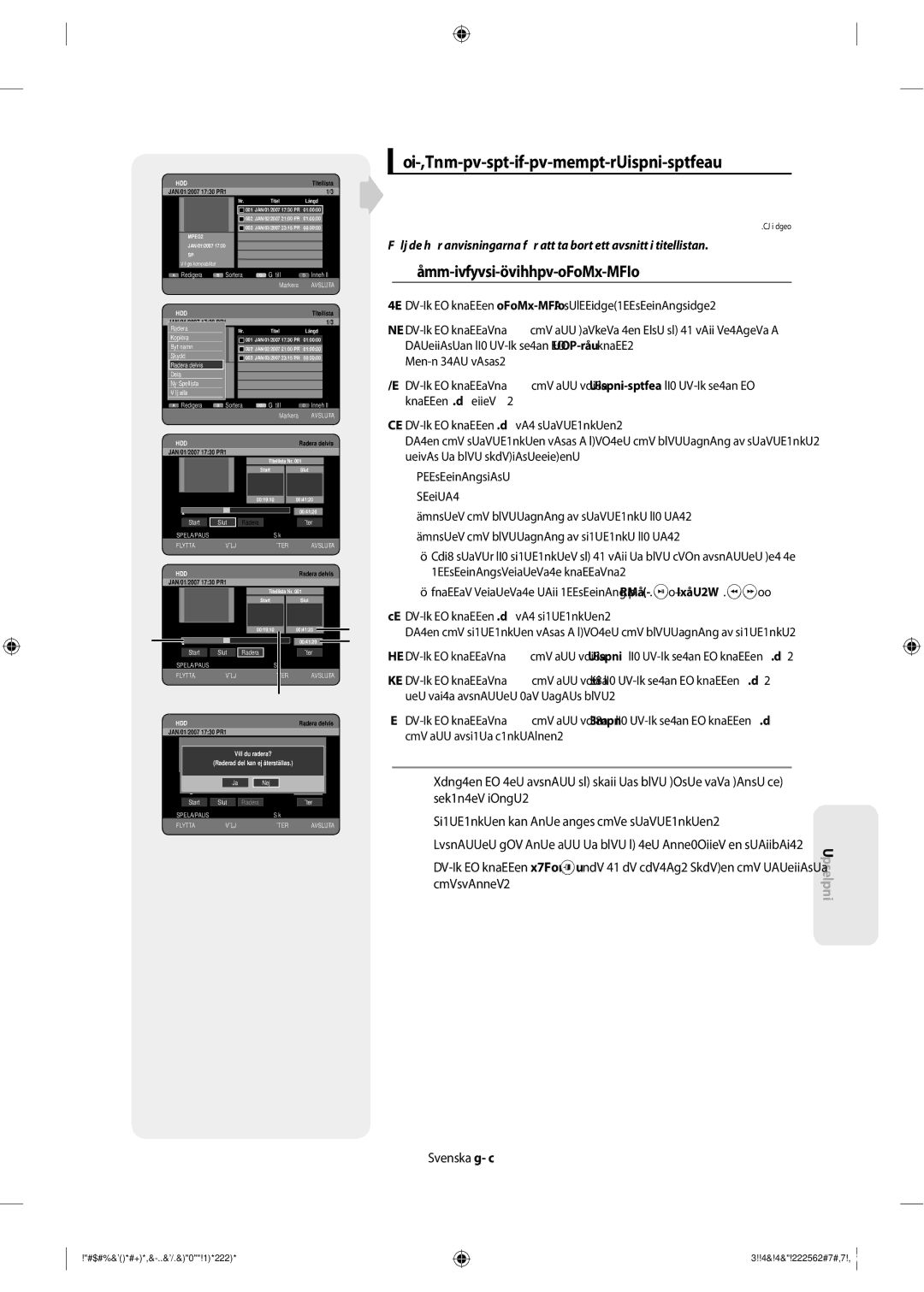 Samsung DVD-SH853/XEE manual Ta bort en del av en titel Radera delvis, Uppspelningsrelaterade knapparna, Search 