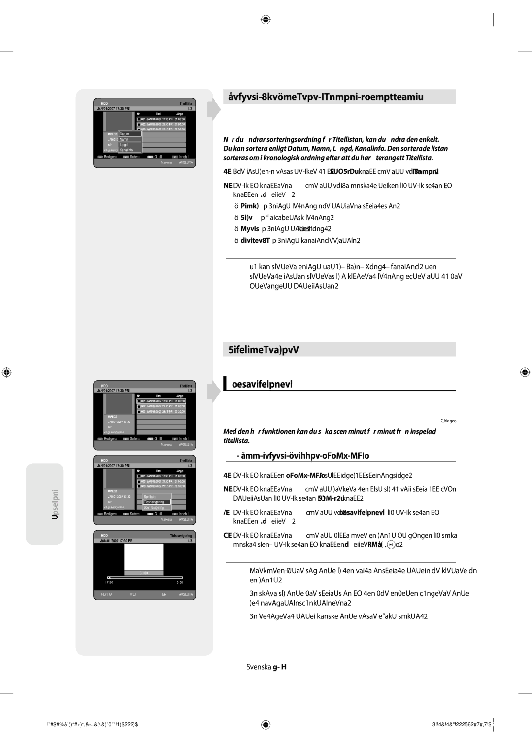 Samsung DVD-SH853/XEE manual Använda funktionen Sortera Titellista, Navigationsmeny, Tidsnavigering 