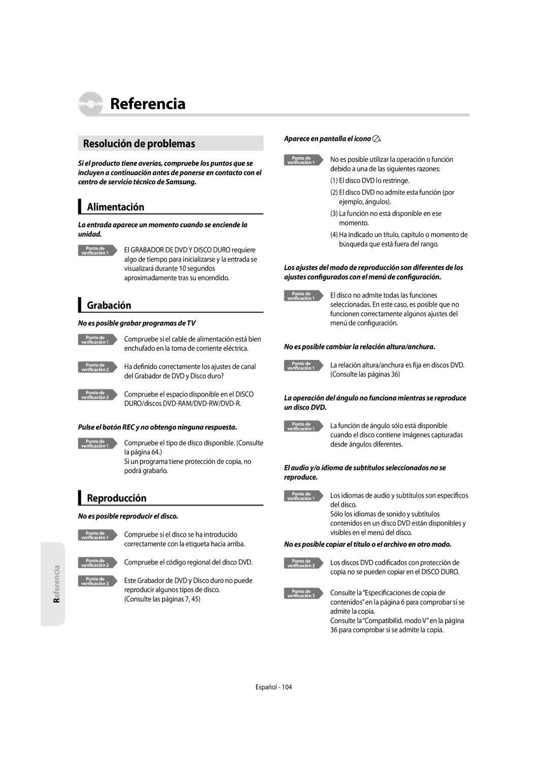 Samsung DVD-SH853/XEF, DVD-SH853/XEC manual Resolución de problemas, Alimentación, Grabación, Reproducción 