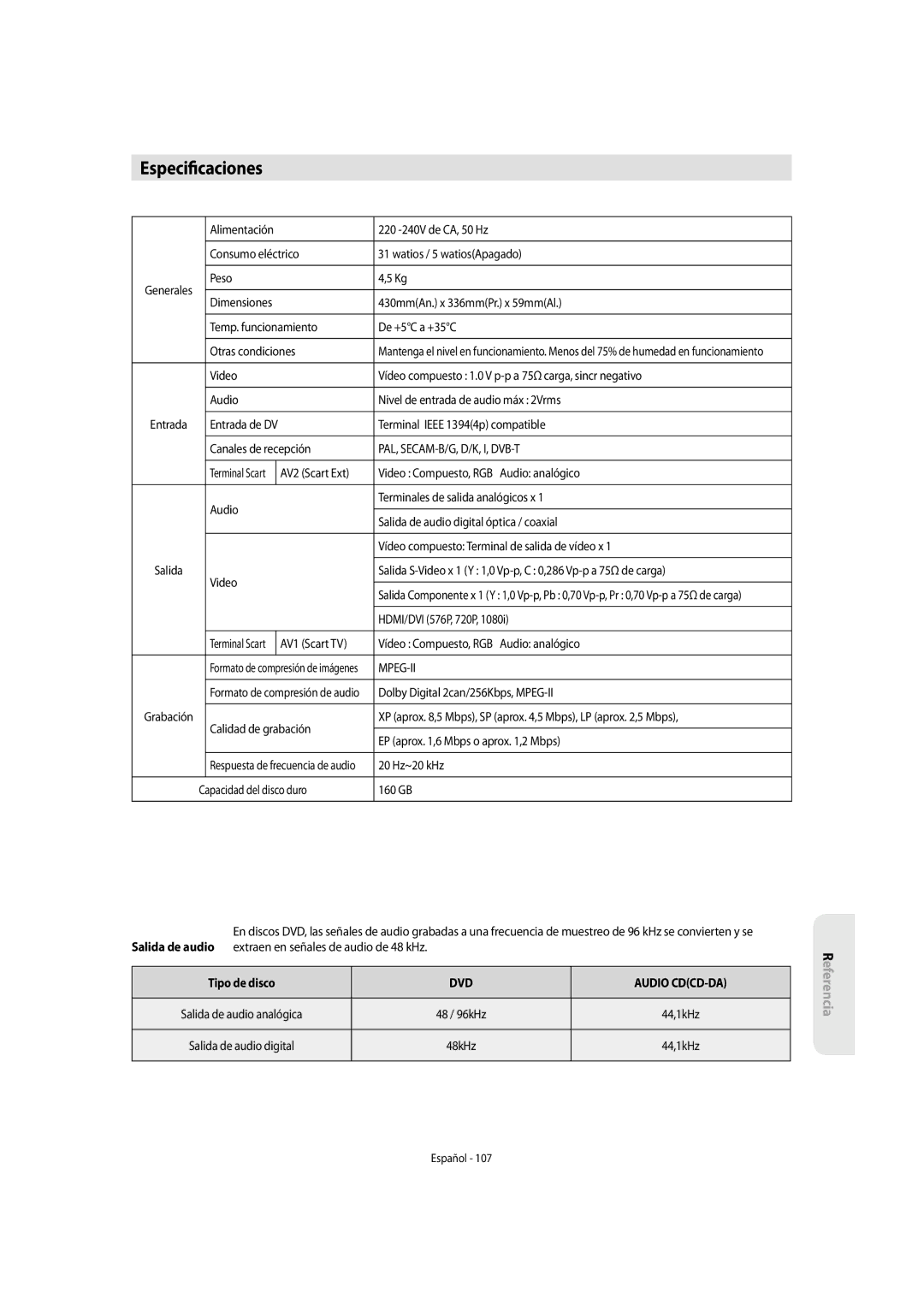 Samsung DVD-SH853/XEC, DVD-SH853/XEF manual Caciones, Especi, Tipo de disco, DVD Audio CDCD-DA 