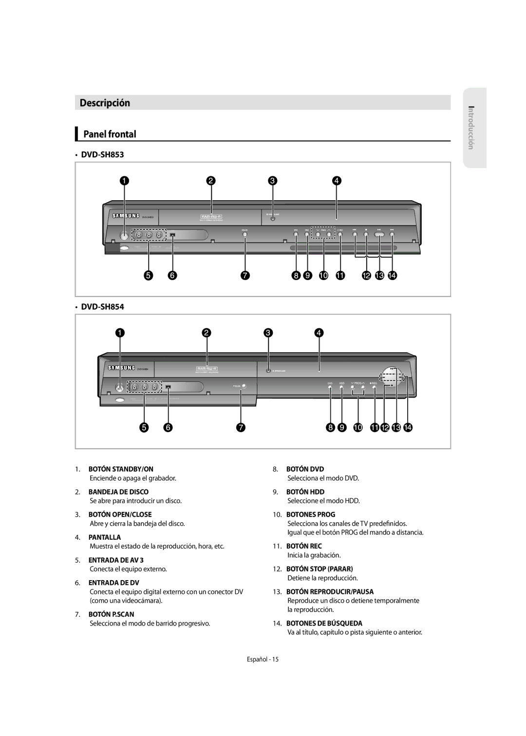 Samsung DVD-SH853/XEC, DVD-SH853/XEF manual Descripción, Panel frontal 