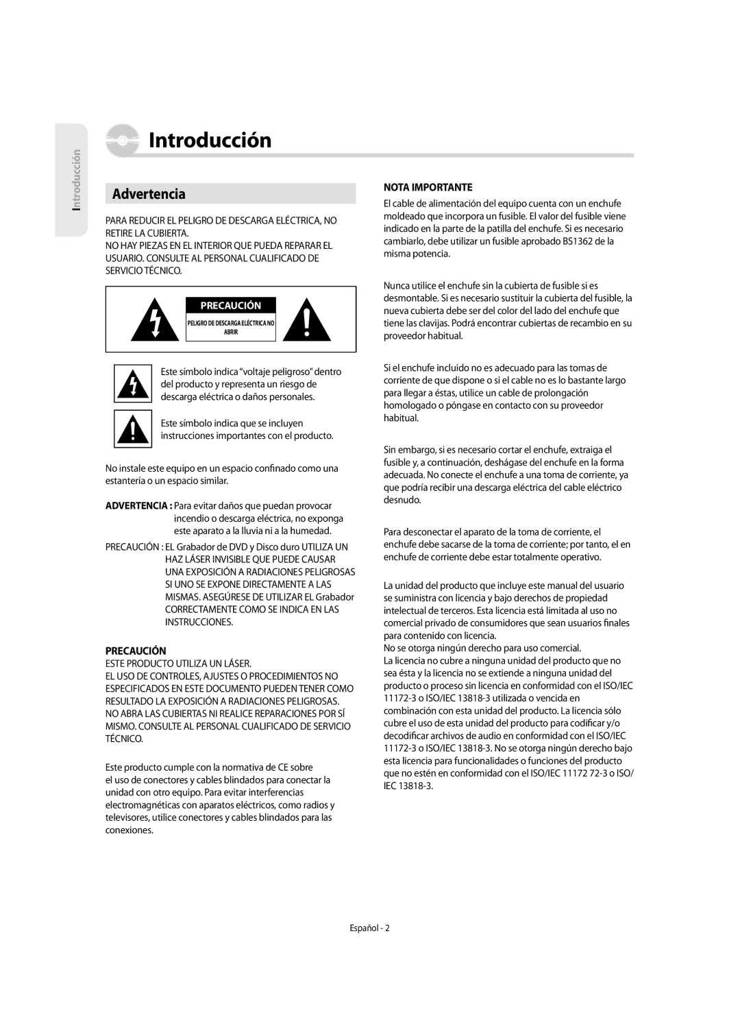 Samsung DVD-SH853/XEF manual Advertencia, Correctamente Como SE Indica EN LAS Instrucciones, Este Producto Utiliza UN Láser 