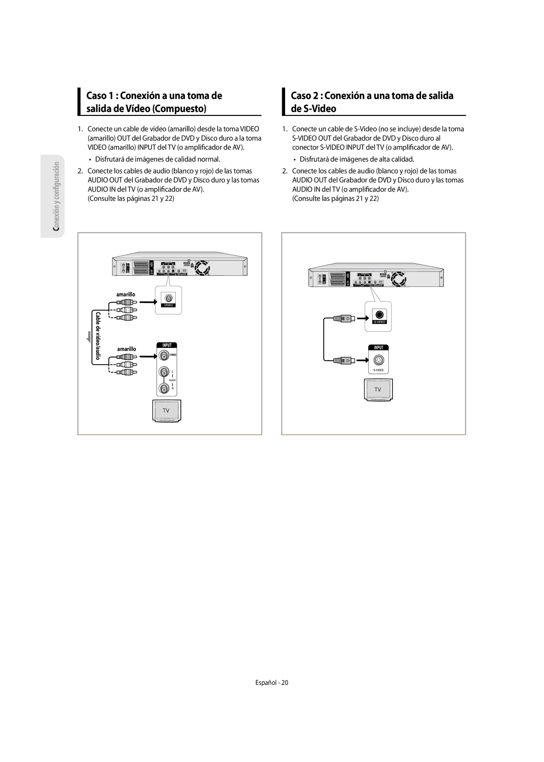 Samsung DVD-SH853/XEF manual Caso 2 Conexión a una toma de salida de S-Video, Disfrutará de imágenes de calidad normal 