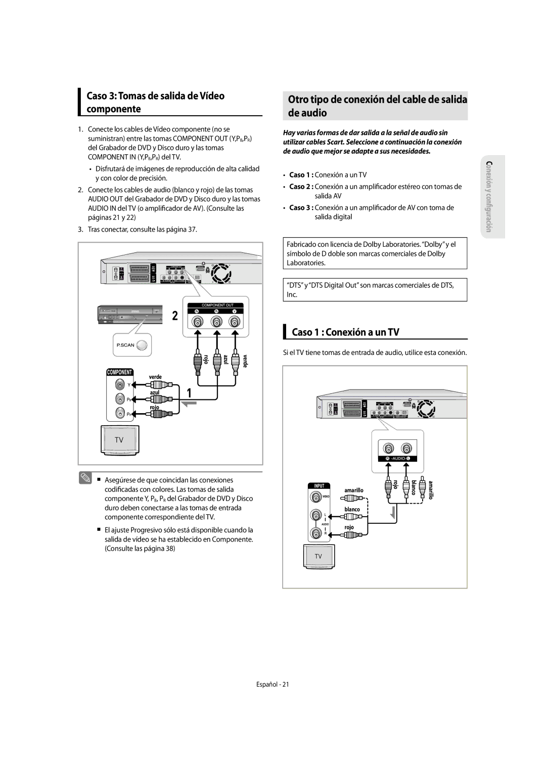 Samsung DVD-SH853/XEC manual Otro tipo de conexión del cable de salida De audio, Caso 3 Tomas de salida de Vídeo componente 