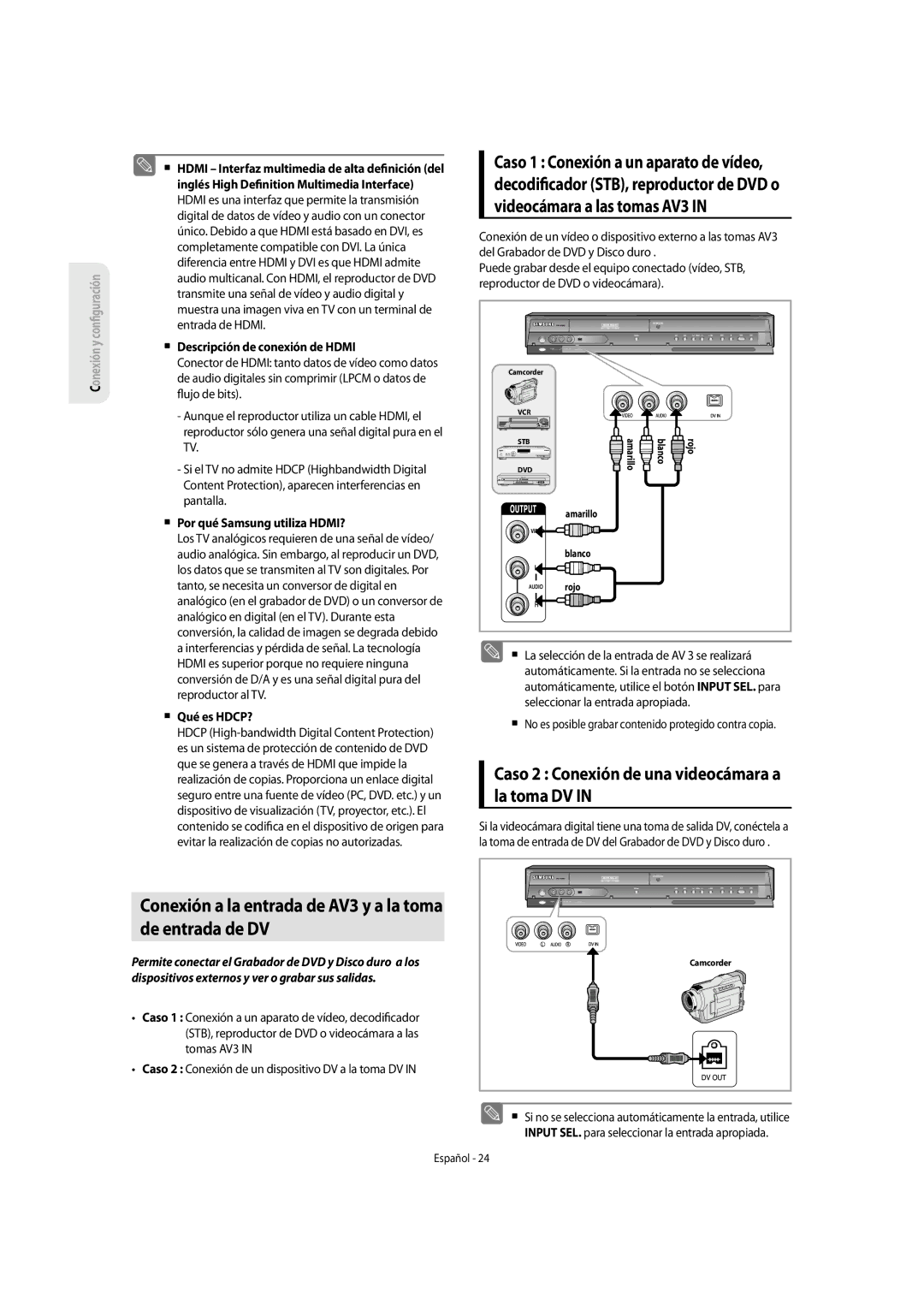 Samsung DVD-SH853/XEF De entrada de DV, Caso 2 Conexión de una videocámara a la toma DV,  Por qué Samsung utiliza HDMI? 