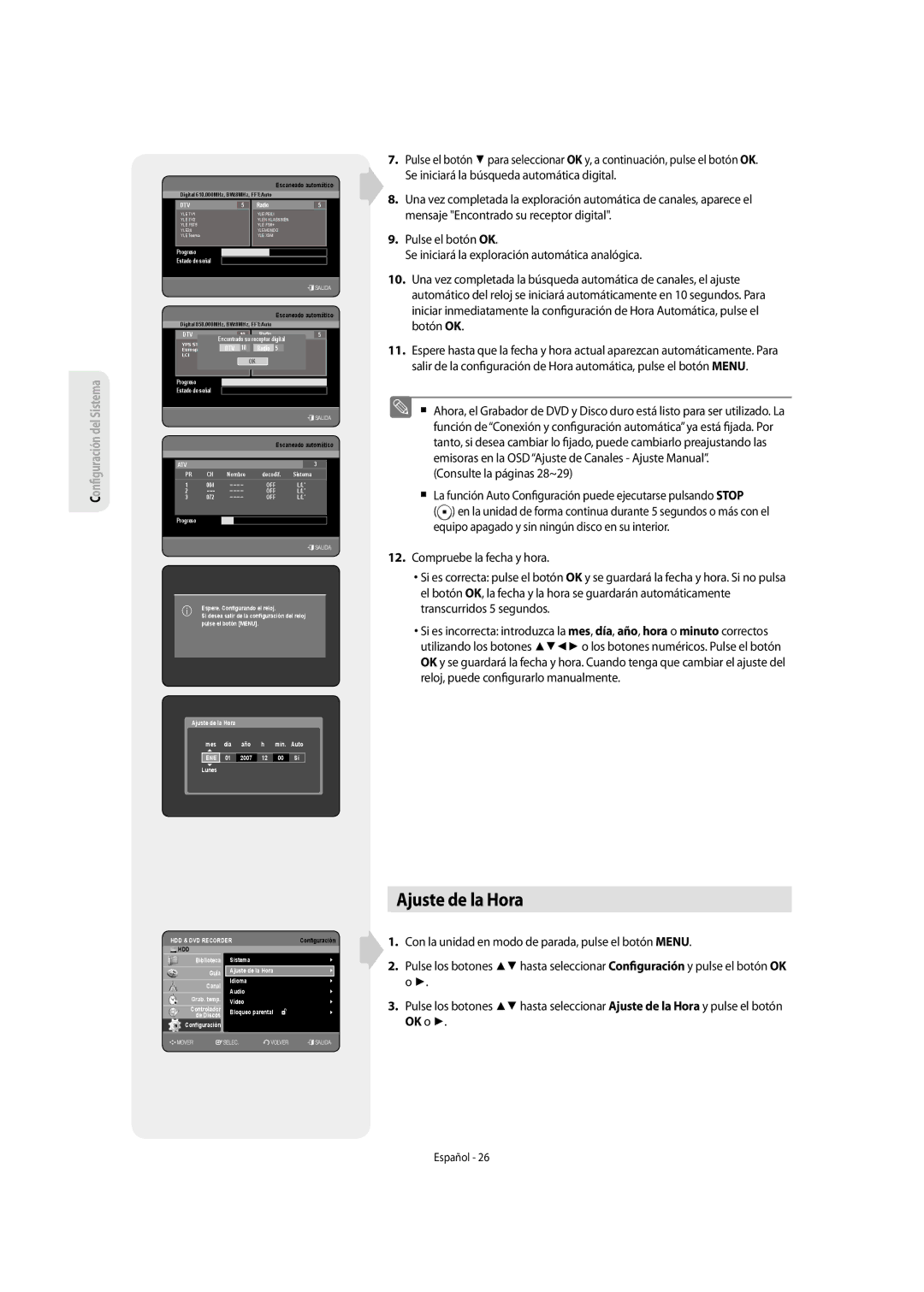 Samsung DVD-SH853/XEF, DVD-SH853/XEC manual Ajuste de la Hora, Dtv 