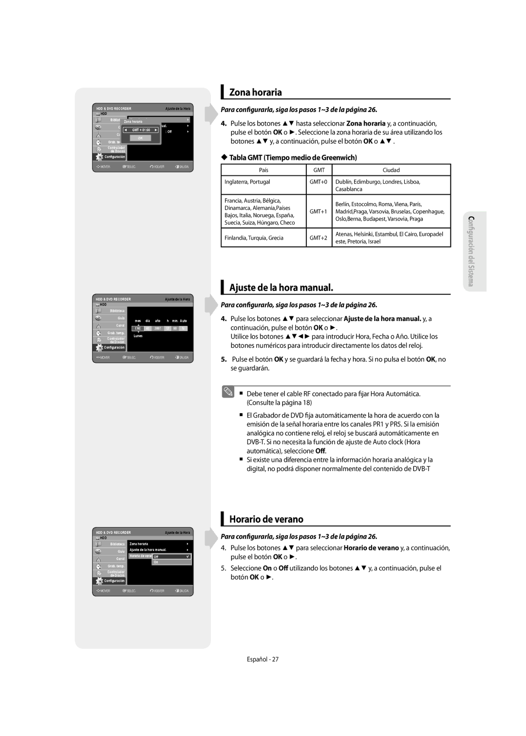 Samsung DVD-SH853/XEC, DVD-SH853/XEF Zona horaria, Ajuste de la hora manual, Horario de verano 