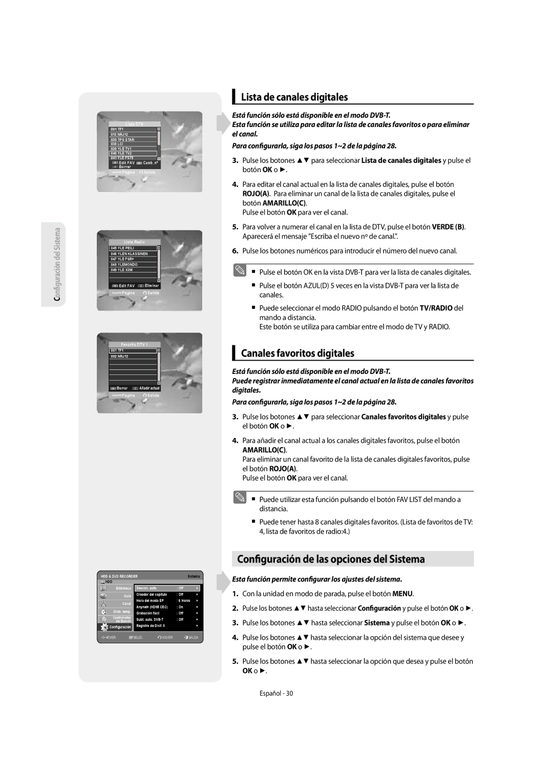 Samsung DVD-SH853/XEF Con guración de las opciones del Sistema, Lista de canales digitales, Canales favoritos digitales 