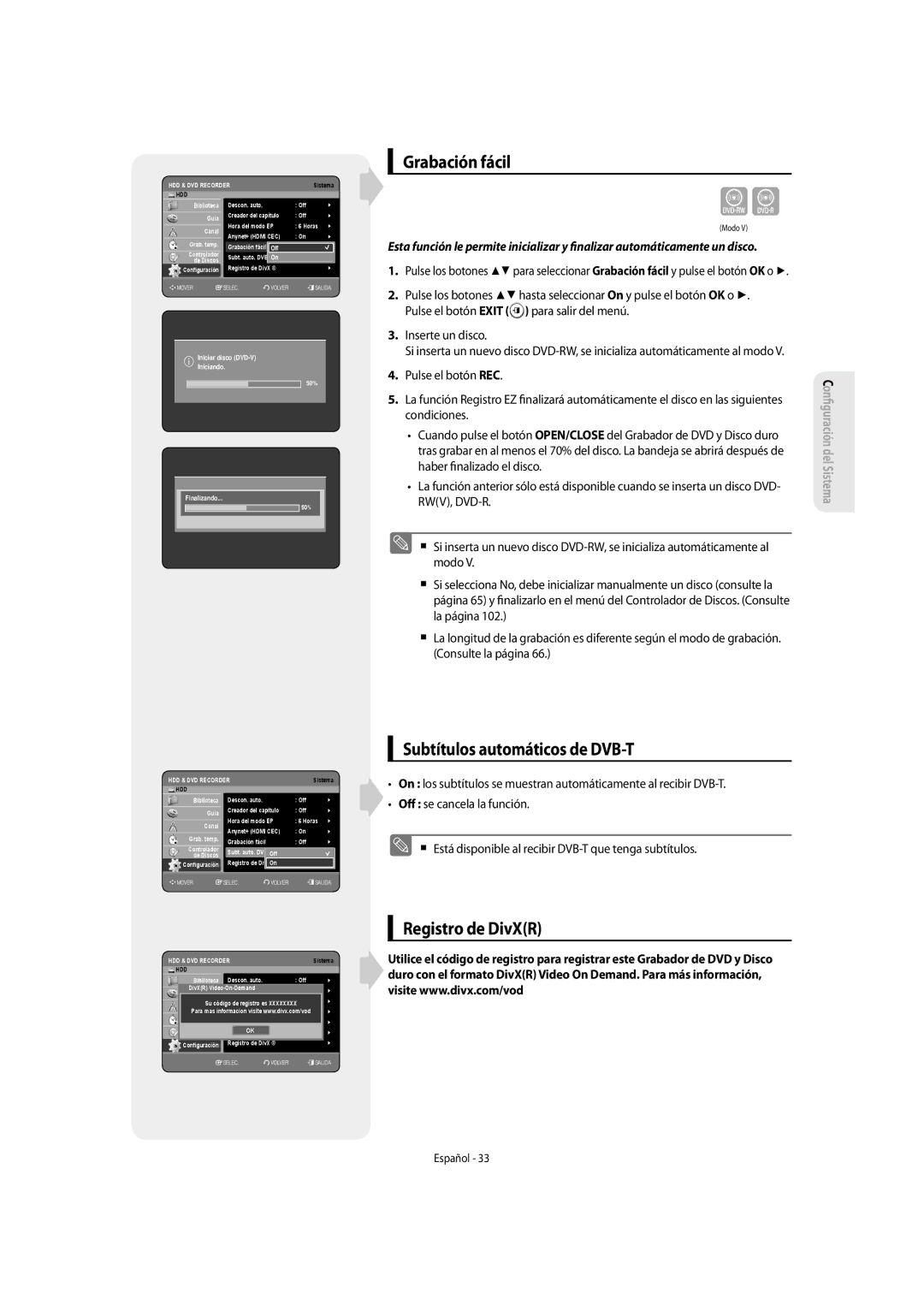 Samsung DVD-SH853/XEC, DVD-SH853/XEF manual Grabación fácil, Subtítulos automáticos de DVB-T, Registro de DivXR 