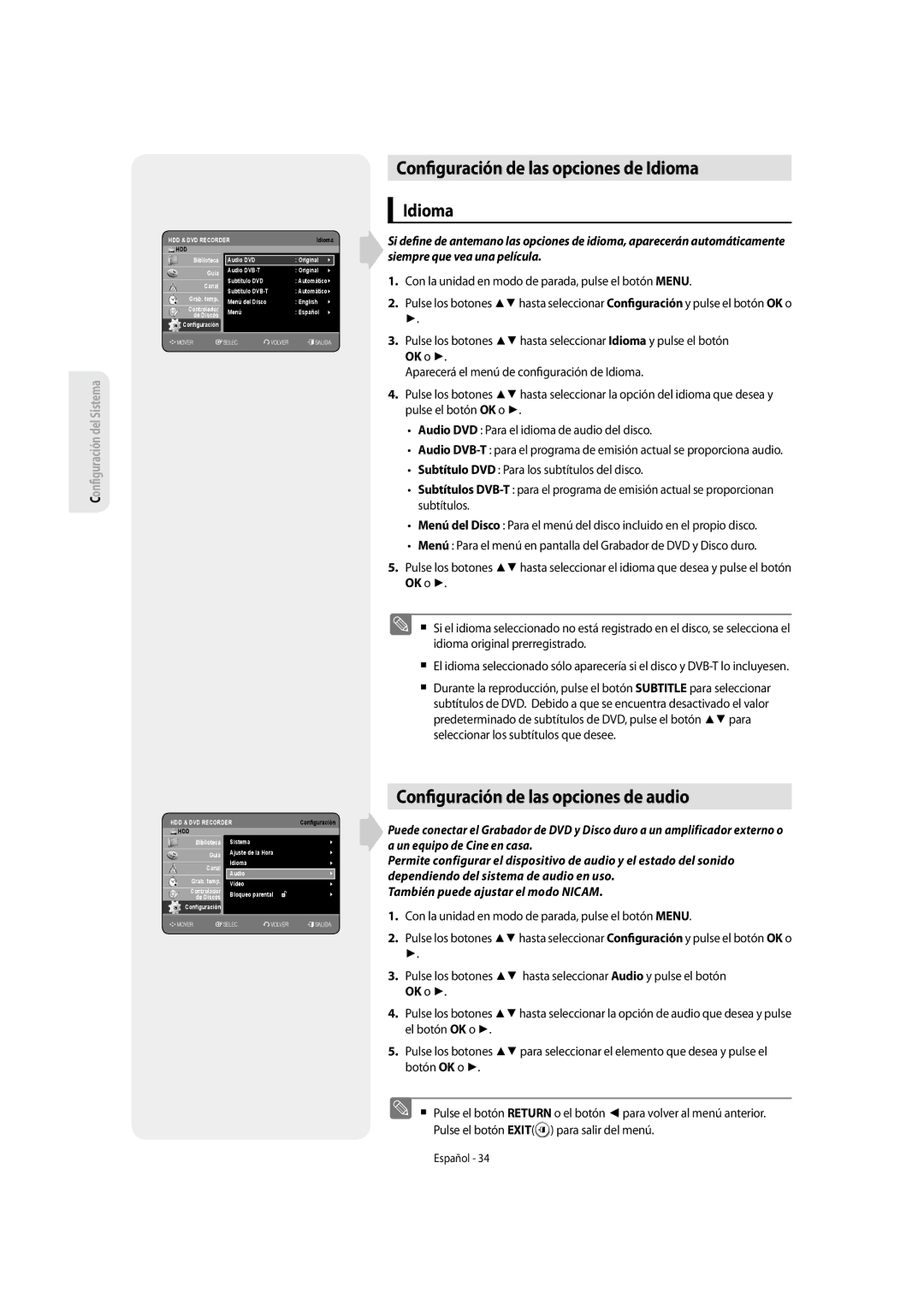 Samsung DVD-SH853/XEF, DVD-SH853/XEC manual Con guración de las opciones de Idioma, Con guración de las opciones de audio 