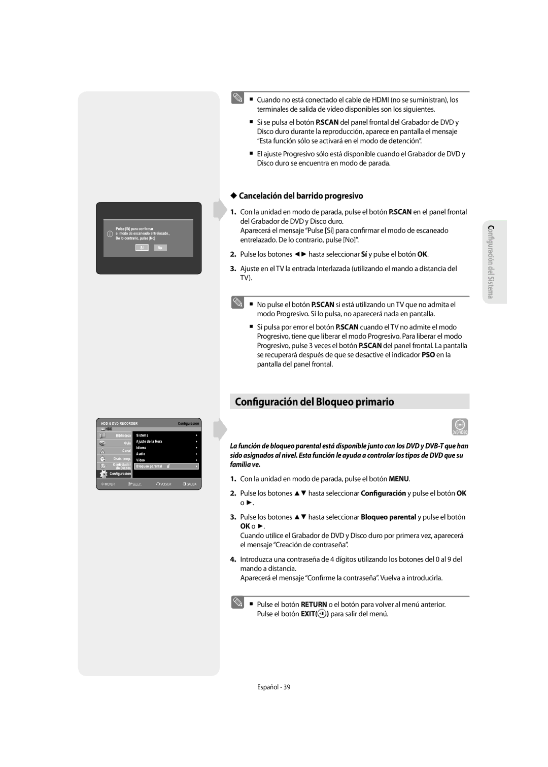 Samsung DVD-SH853/XEC, DVD-SH853/XEF manual Con guración del Bloqueo primario, Cancelación del barrido progresivo 