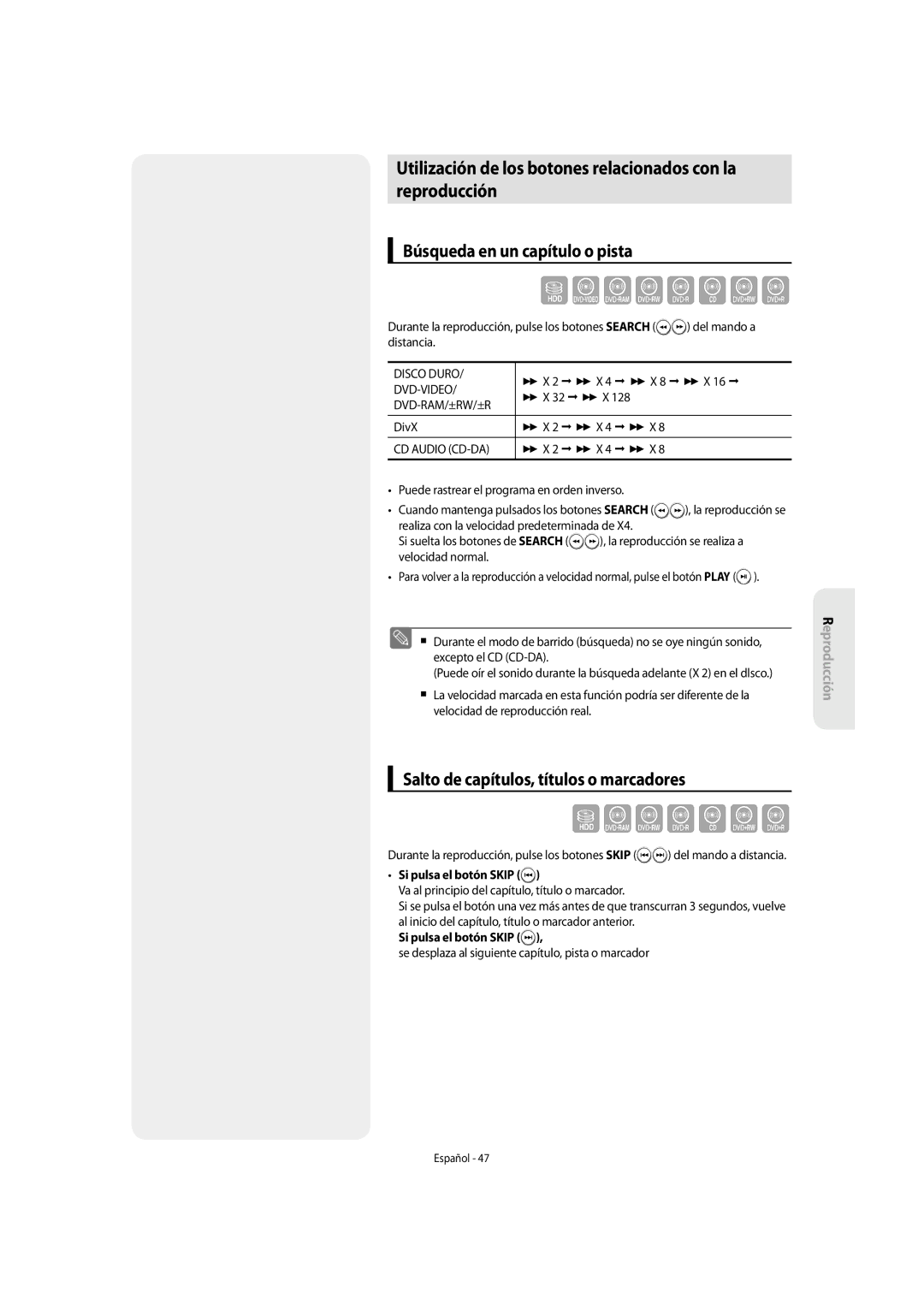 Samsung DVD-SH853/XEC manual Utilización de los botones relacionados con la Reproducción, Búsqueda en un capítulo o pista 