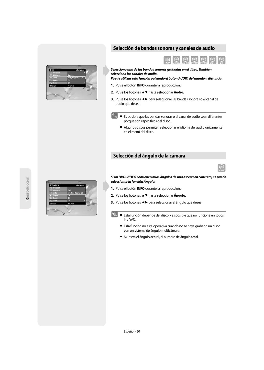 Samsung DVD-SH853/XEF, DVD-SH853/XEC Selección de bandas sonoras y canales de audio, Selección del ángulo de la cámara 