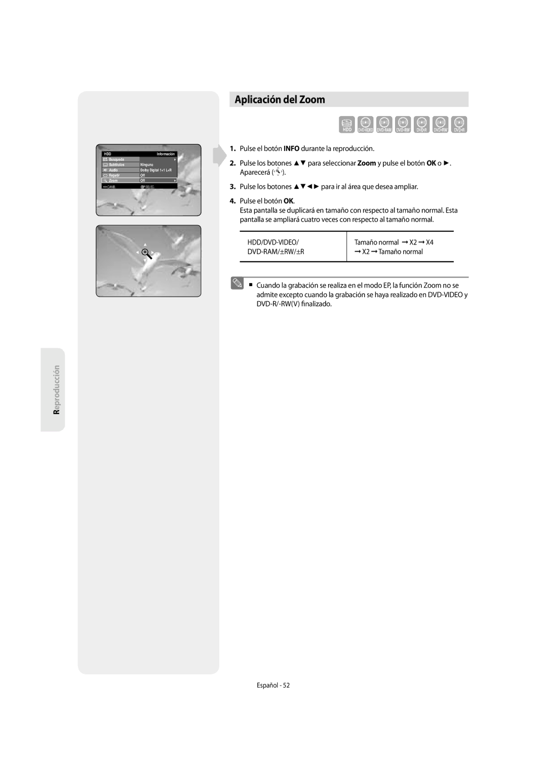 Samsung DVD-SH853/XEF, DVD-SH853/XEC manual Aplicación del Zoom, Hdd/Dvd-Video, Tamaño normal X2, X2 Tamaño normal 