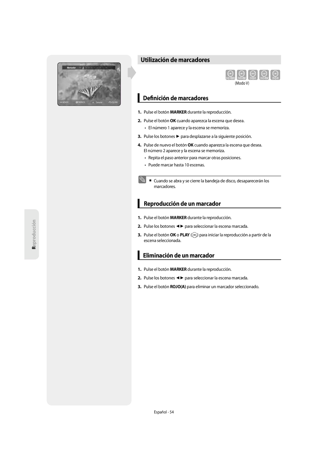 Samsung DVD-SH853/XEF, DVD-SH853/XEC manual Utilización de marcadores, De nición de marcadores, Modo 