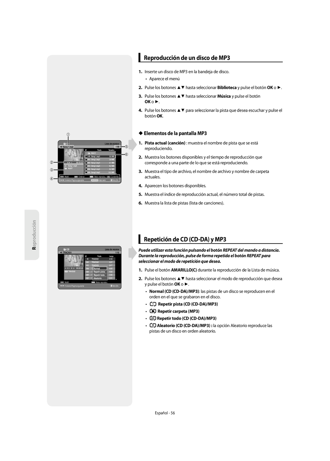 Samsung DVD-SH853/XEF manual Reproducción de un disco de MP3, Repetición de CD CD-DA y MP3, Elementos de la pantalla MP3 