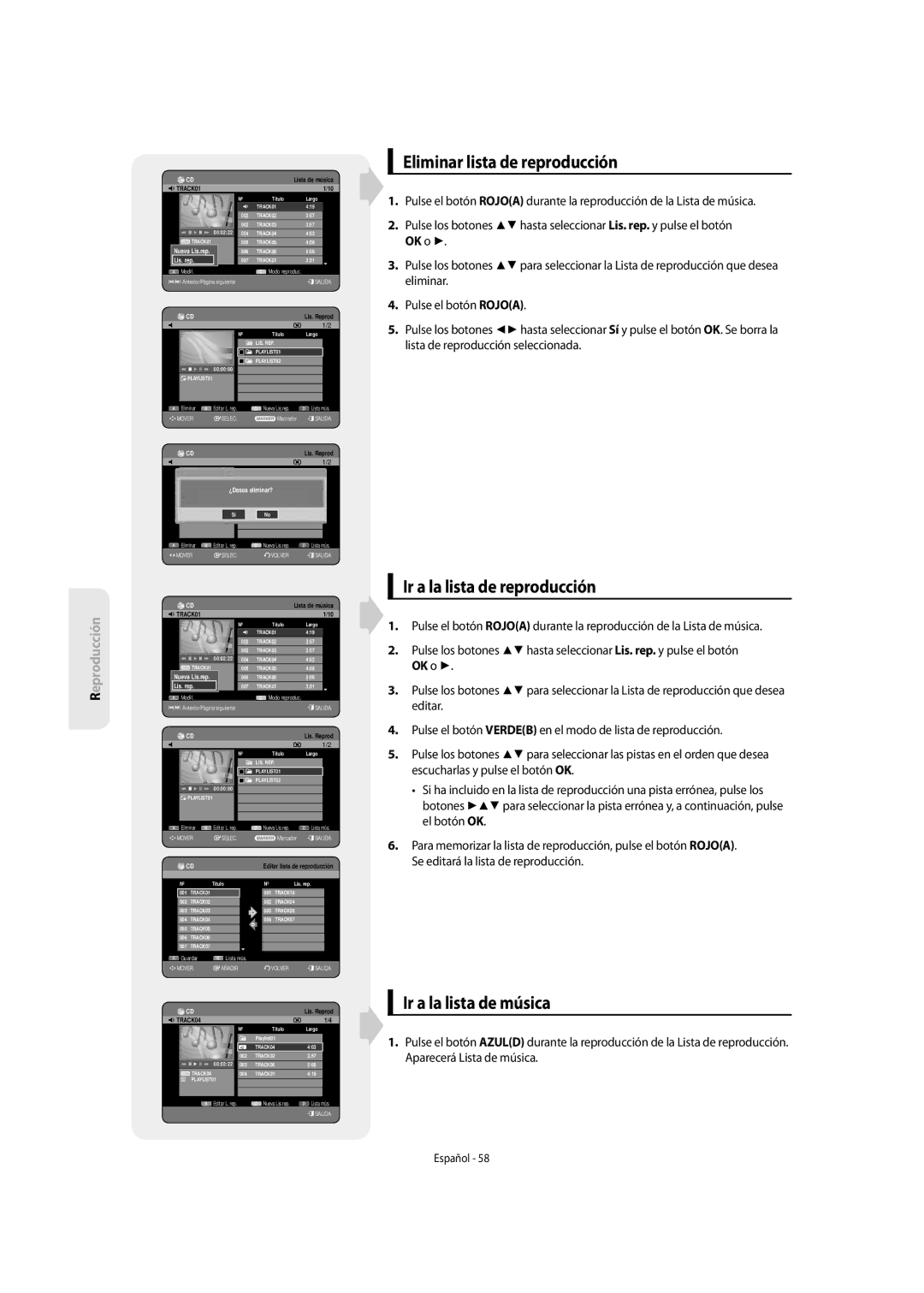 Samsung DVD-SH853/XEF manual Eliminar lista de reproducción, Ir a la lista de reproducción, Ir a la lista de música 