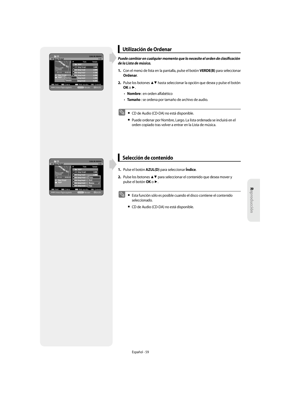 Samsung DVD-SH853/XEC, DVD-SH853/XEF manual Utilización de Ordenar, Selección de contenido 