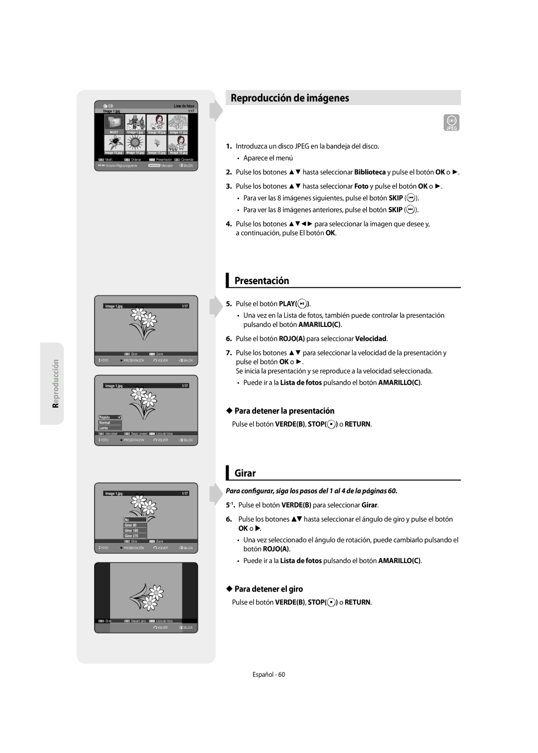 Samsung DVD-SH853/XEF Reproducción de imágenes, Presentación, Girar, Para detener la presentación, Para detener el giro 