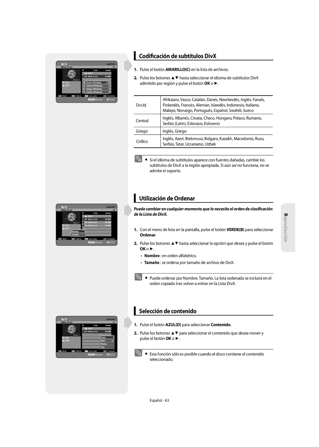 Samsung DVD-SH853/XEC, DVD-SH853/XEF manual Codi cación de subtítulos DivX, De la Lista de DivX, Ordenar 