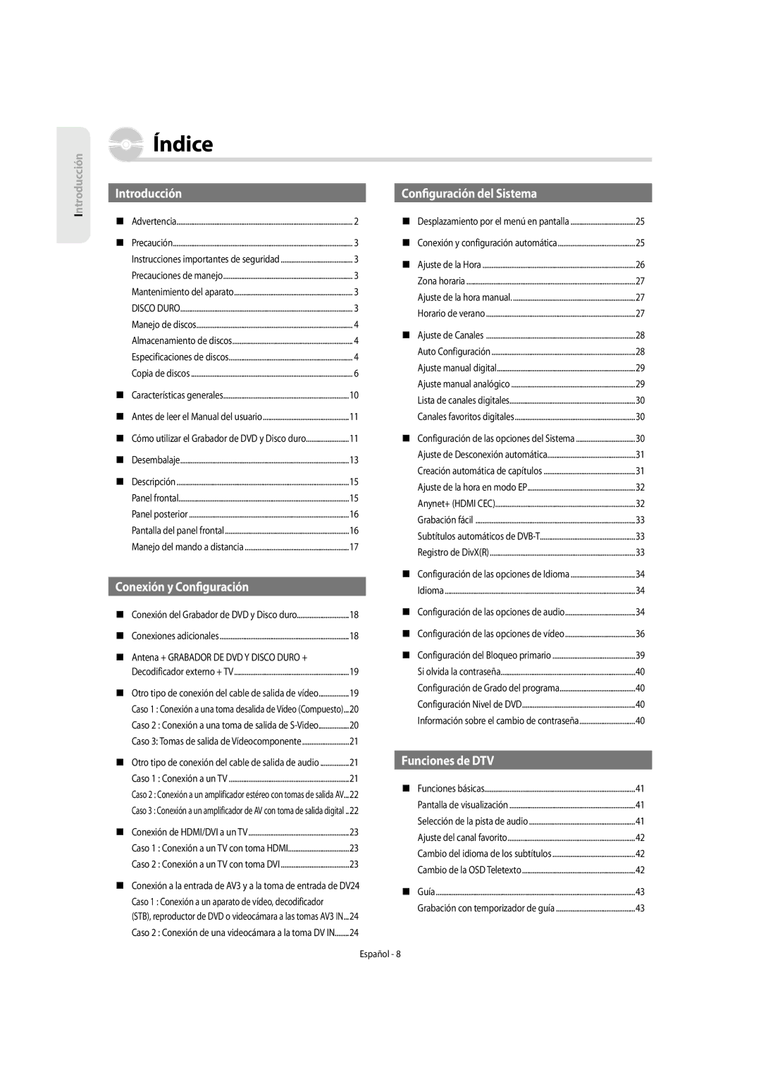 Samsung DVD-SH853/XEF, DVD-SH853/XEC manual Índice,  Antena + Grabador DE DVD Y Disco Duro + 