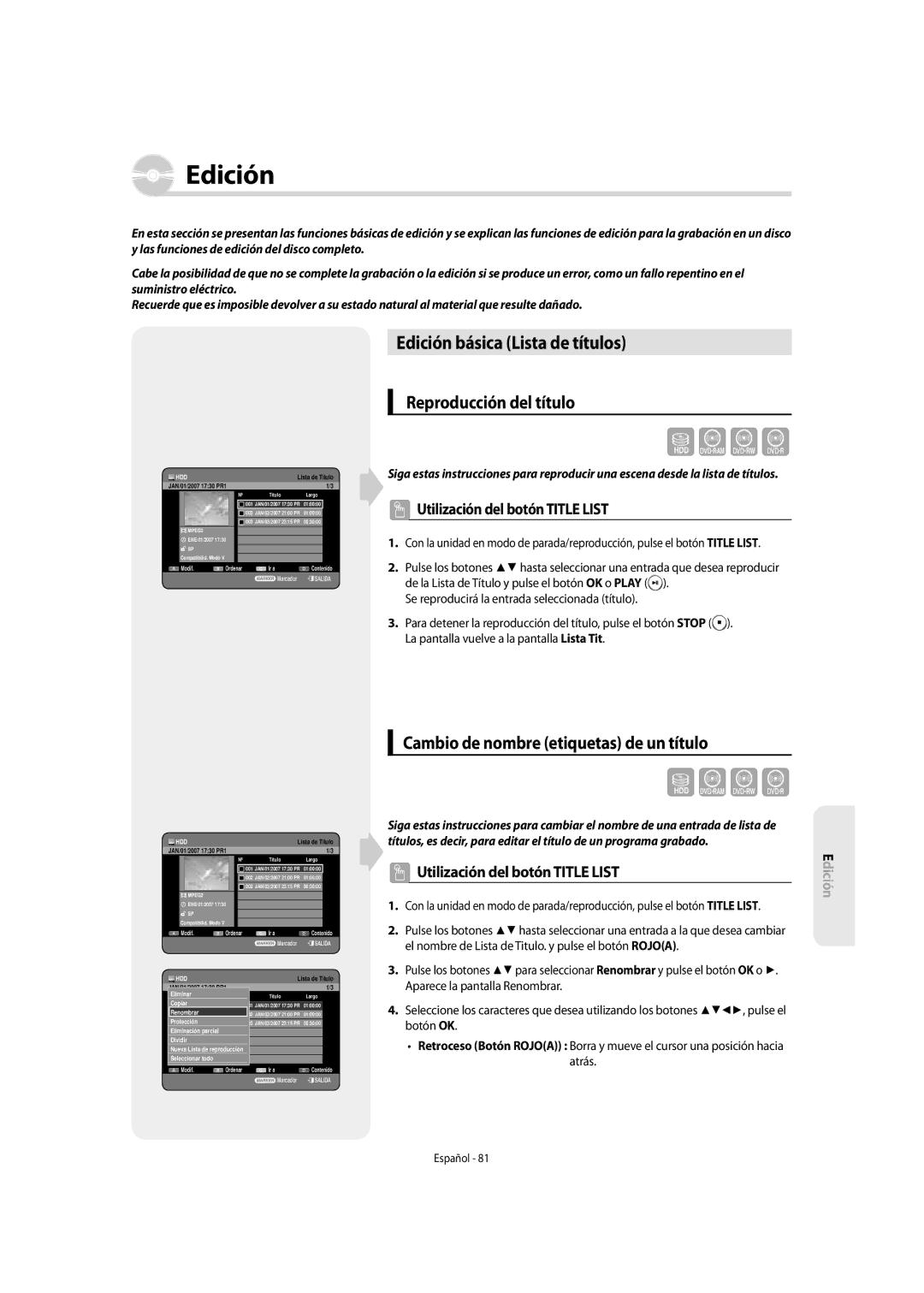 Samsung DVD-SH853/XEC Edición básica Lista de títulos, Reproducción del título, Cambio de nombre etiquetas de un título 