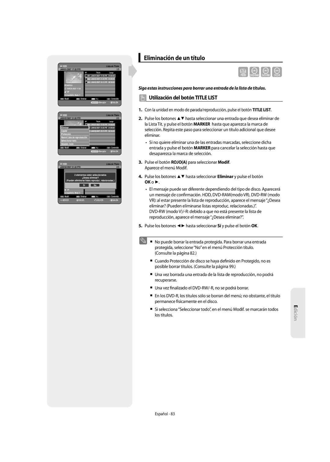 Samsung DVD-SH853/XEC, DVD-SH853/XEF manual Eliminación de un título, Permanece físicamente en el disco, Los títulos 