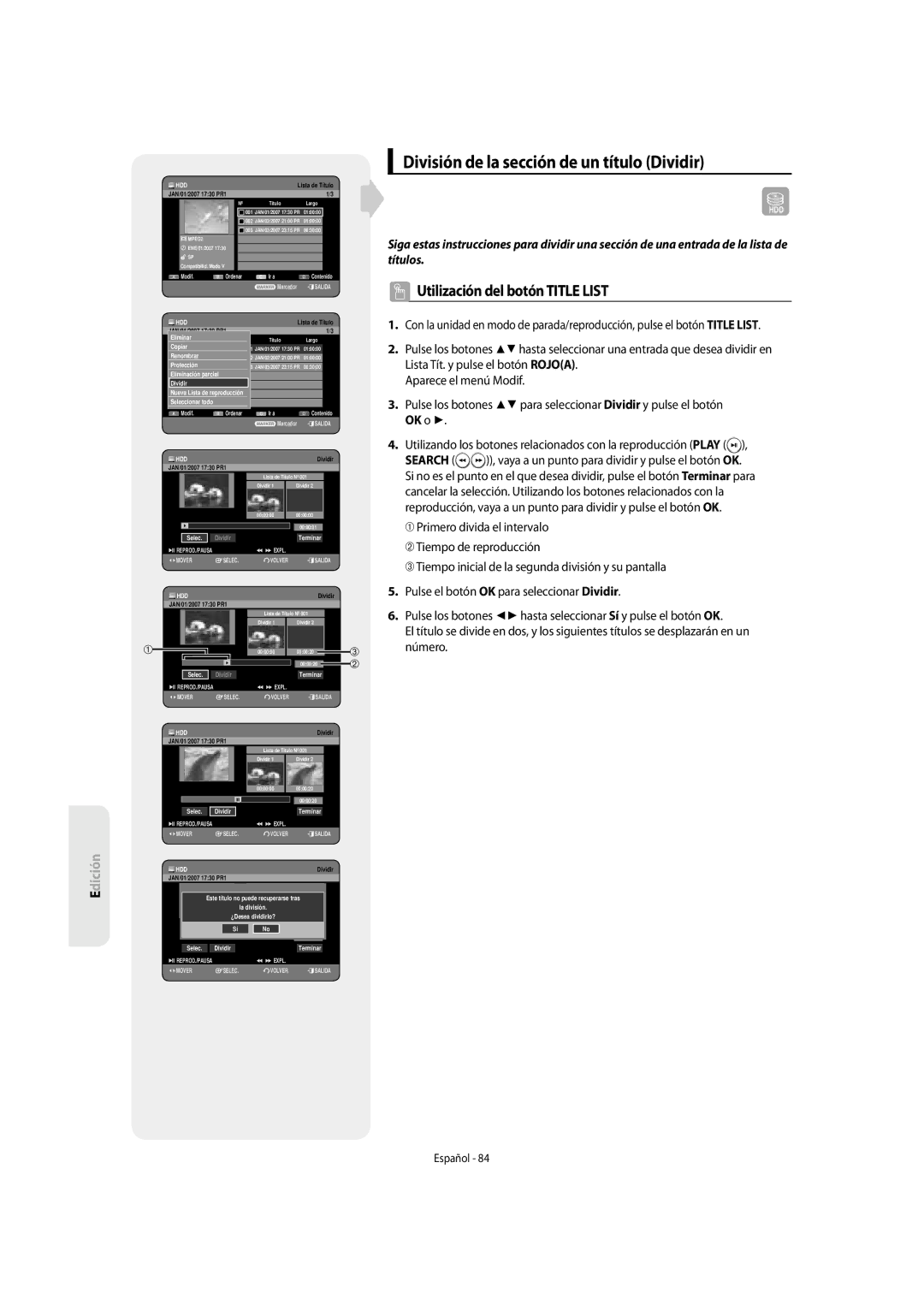 Samsung DVD-SH853/XEF, DVD-SH853/XEC manual División de la sección de un título Dividir 