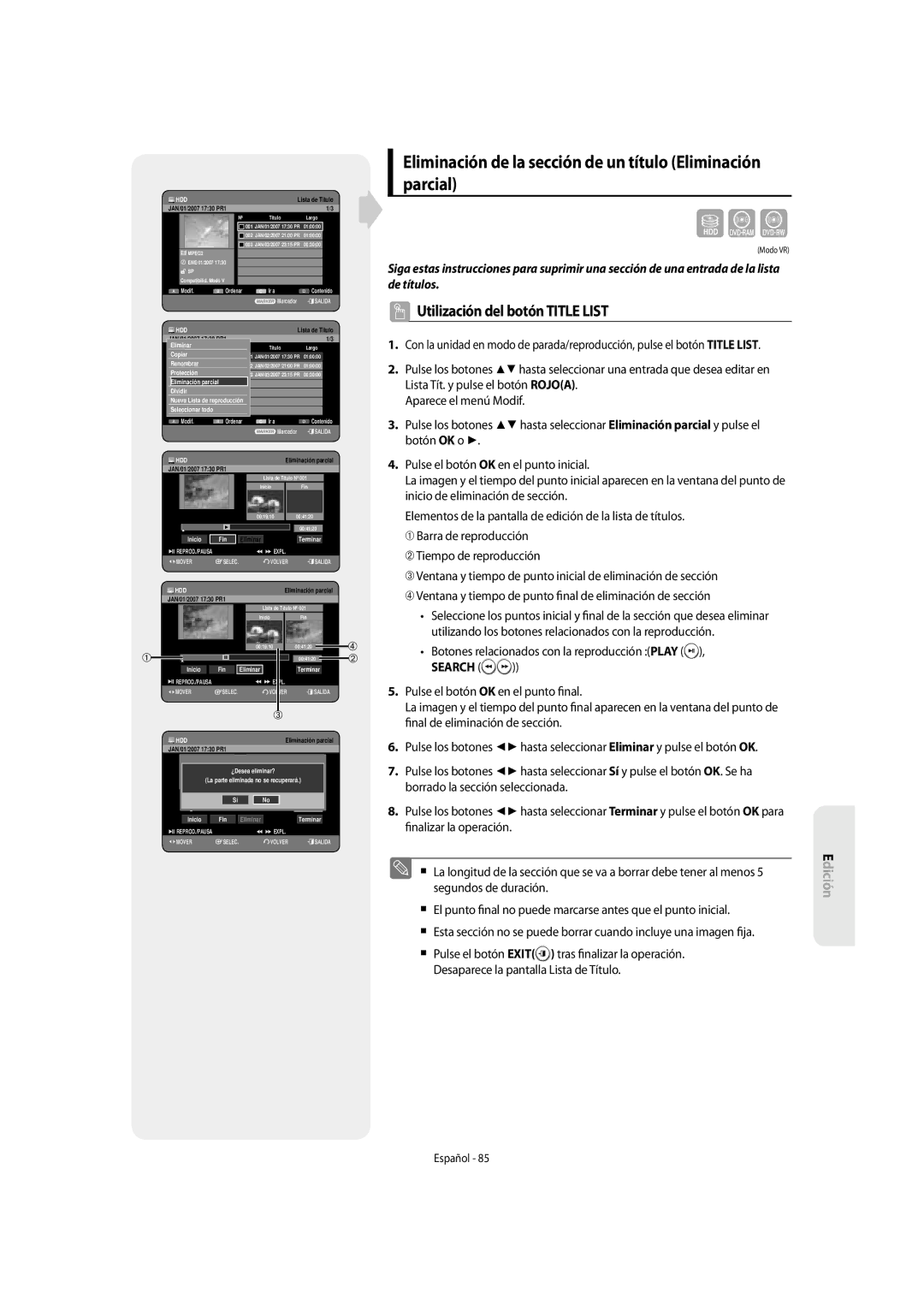 Samsung DVD-SH853/XEC, DVD-SH853/XEF manual Eliminación de la sección de un título Eliminación parcial, Search 