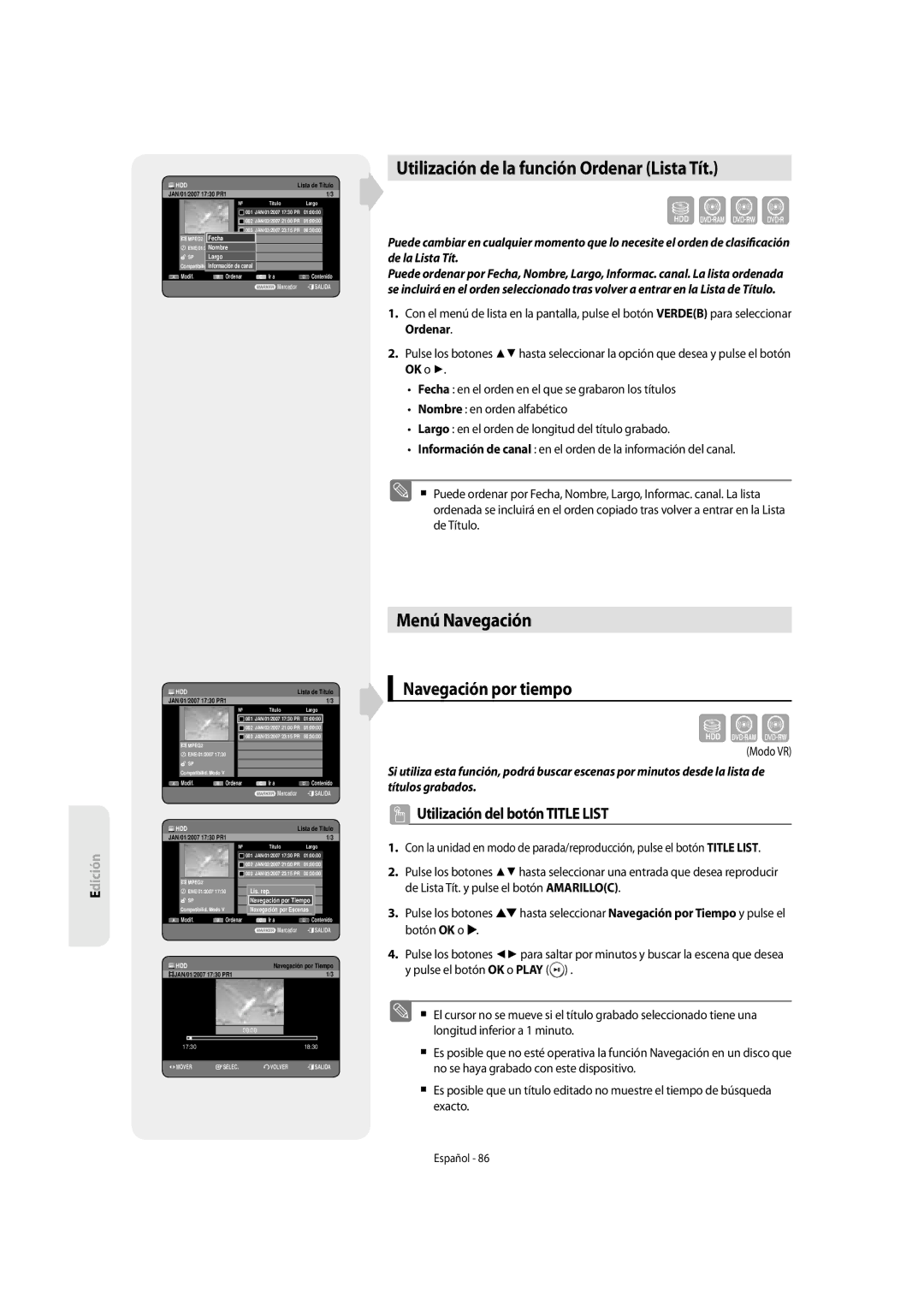 Samsung DVD-SH853/XEF, DVD-SH853/XEC Utilización de la función Ordenar Lista Tít, Menú Navegación, Navegación por tiempo 