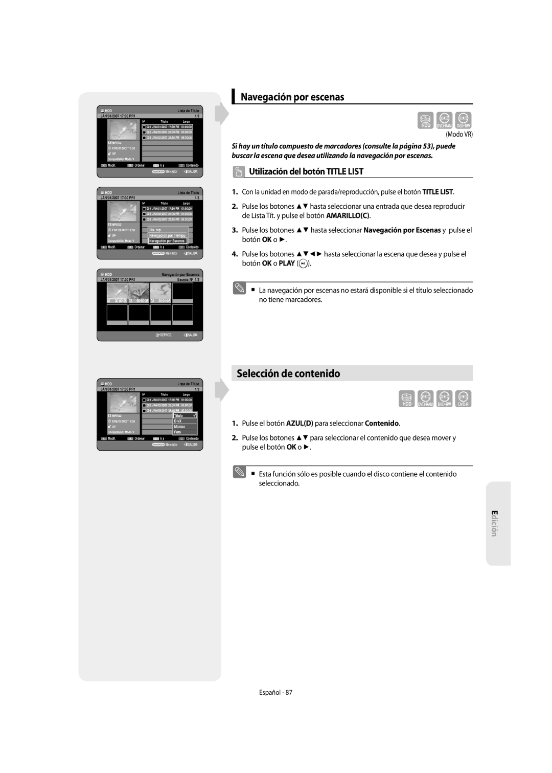 Samsung DVD-SH853/XEC, DVD-SH853/XEF manual Selección de contenido, Navegación por escenas 