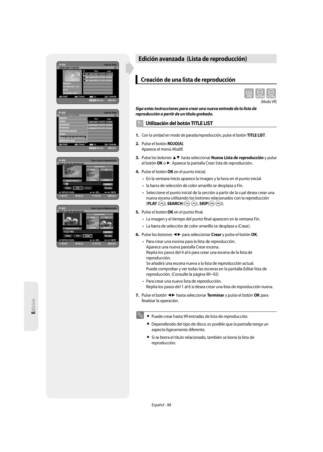 Samsung DVD-SH853/XEF Edición avanzada Lista de reproducción, Creación de una lista de reproducción, Play , Search , Skip 