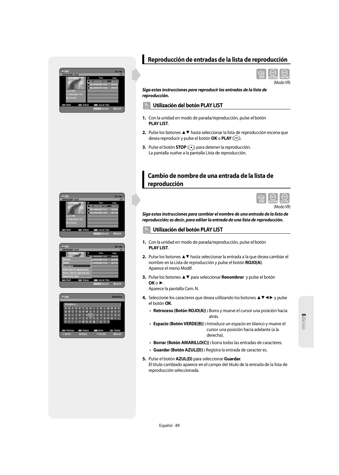 Samsung DVD-SH853/XEC, DVD-SH853/XEF manual Cambio de nombre de una entrada de la lista de reproducción, Play List 