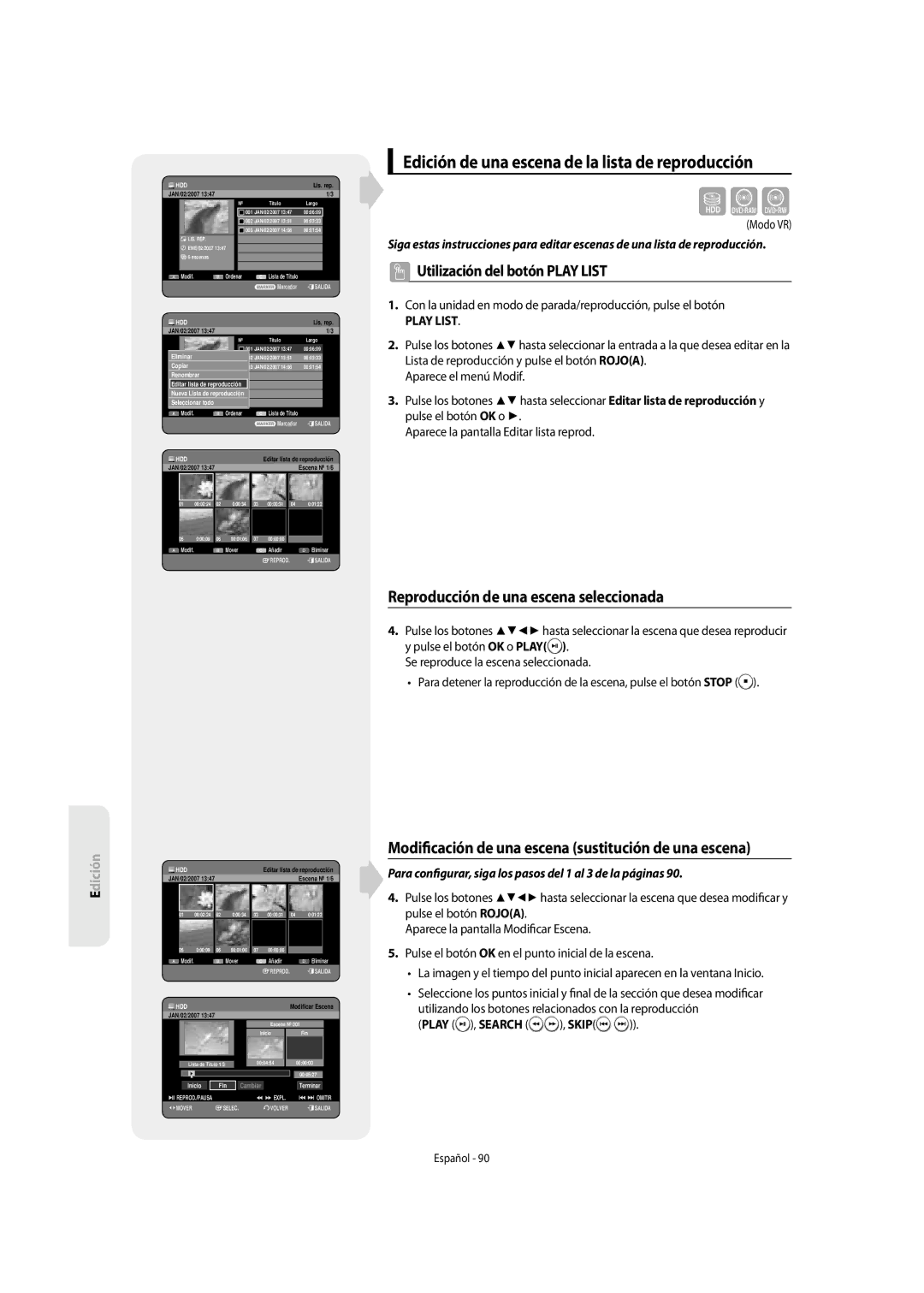 Samsung DVD-SH853/XEF manual Edición de una escena de la lista de reproducción, Reproducción de una escena seleccionada 