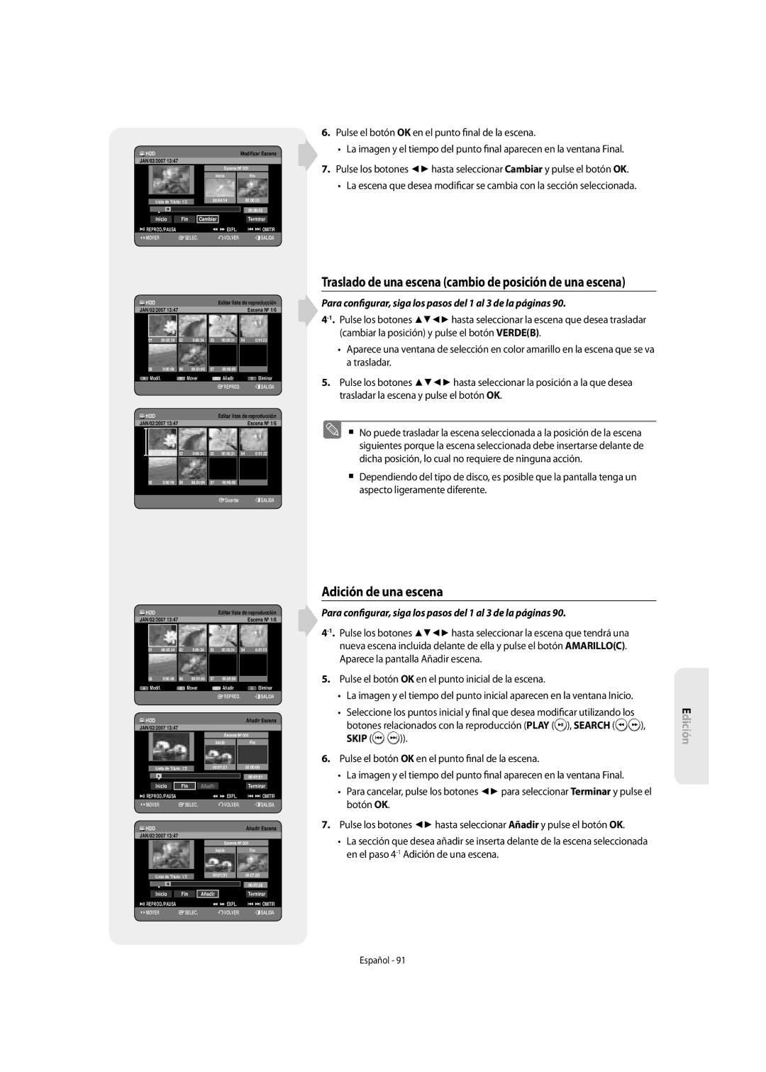 Samsung DVD-SH853/XEC, DVD-SH853/XEF Adición de una escena, Search Skip, Pulse el botón OK en el punto Nal de la escena 