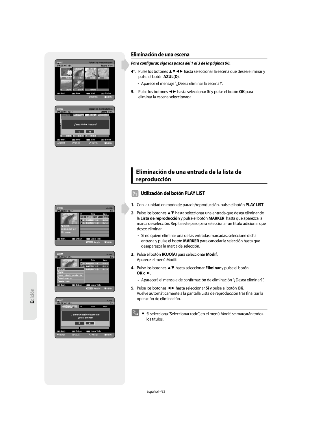 Samsung DVD-SH853/XEF, DVD-SH853/XEC Eliminación de una entrada de la lista de reproducción, Eliminación de una escena 