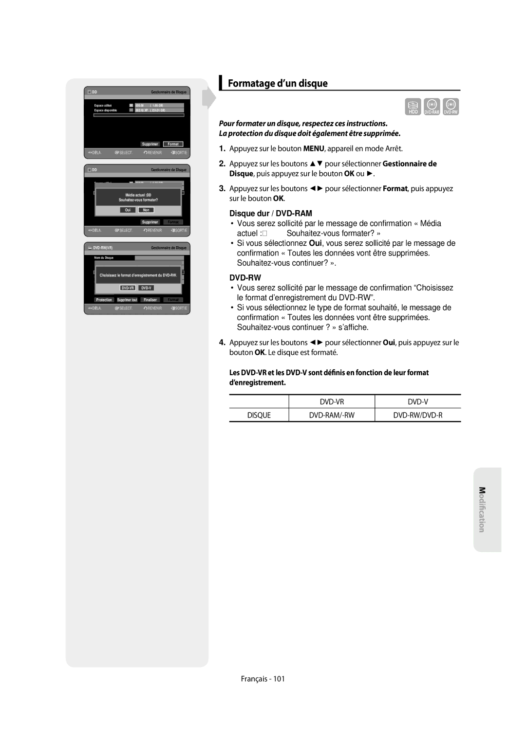 Samsung DVD-SH853/XEF, DVD-SH854/XEF manual Formatage d’un disque, Média actuel DD Souhaitez-vous formater? 