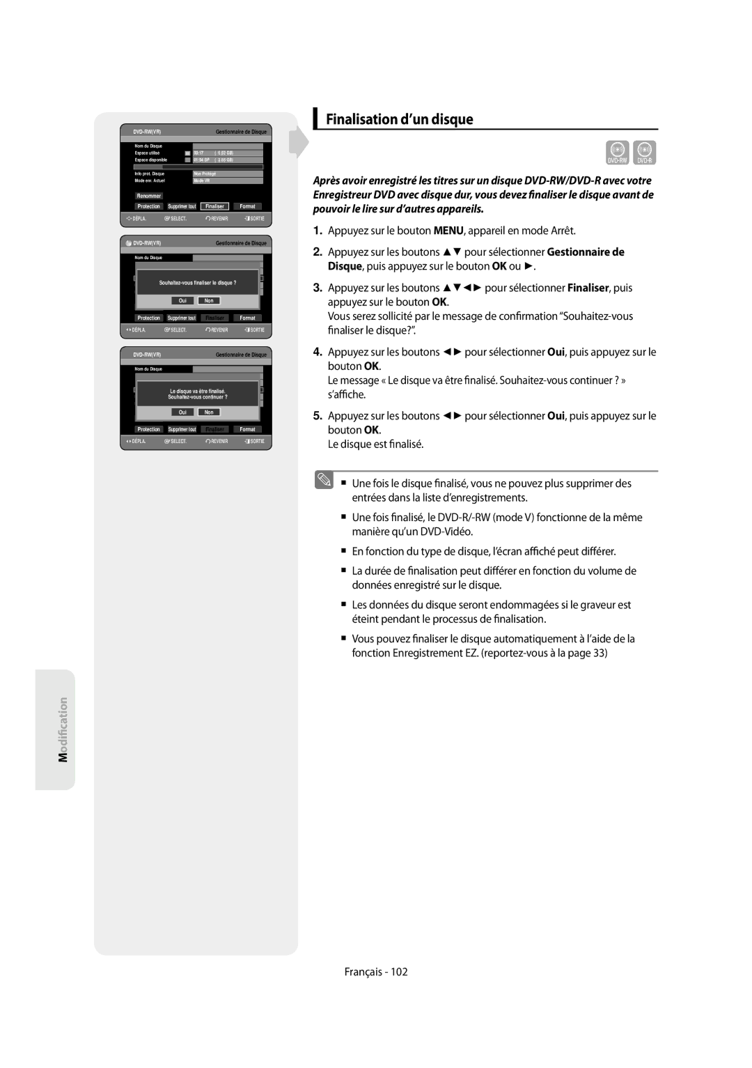 Samsung DVD-SH854/XEF, DVD-SH853/XEF manual Finalisation d’un disque, Renommer Protection, Finaliser 