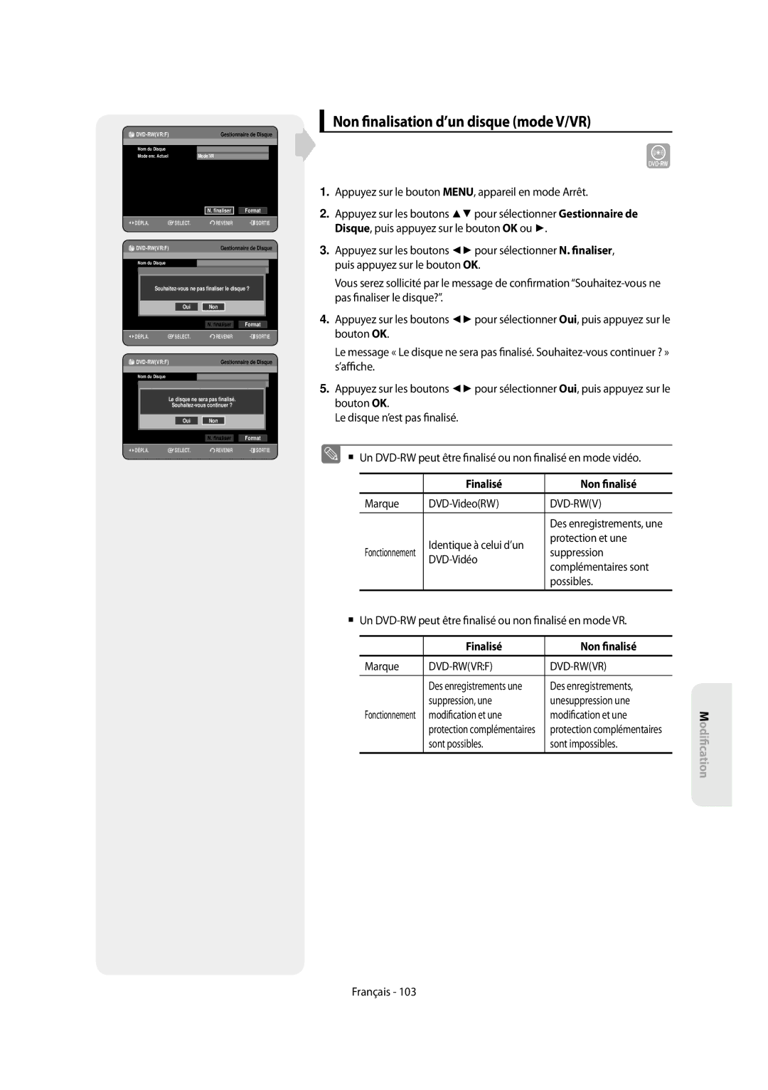 Samsung DVD-SH853/XEF, DVD-SH854/XEF manual Non nalisation d’un disque mode V/VR, Finalisé Non nalisé 