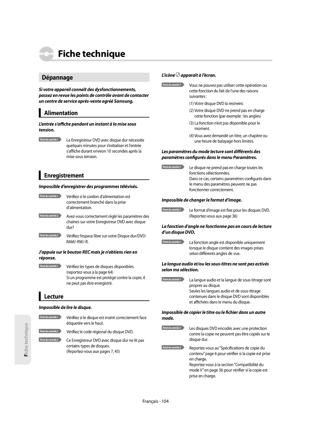 Samsung DVD-SH854/XEF, DVD-SH853/XEF manual Dépannage, Alimentation, Enregistrement, Lecture 