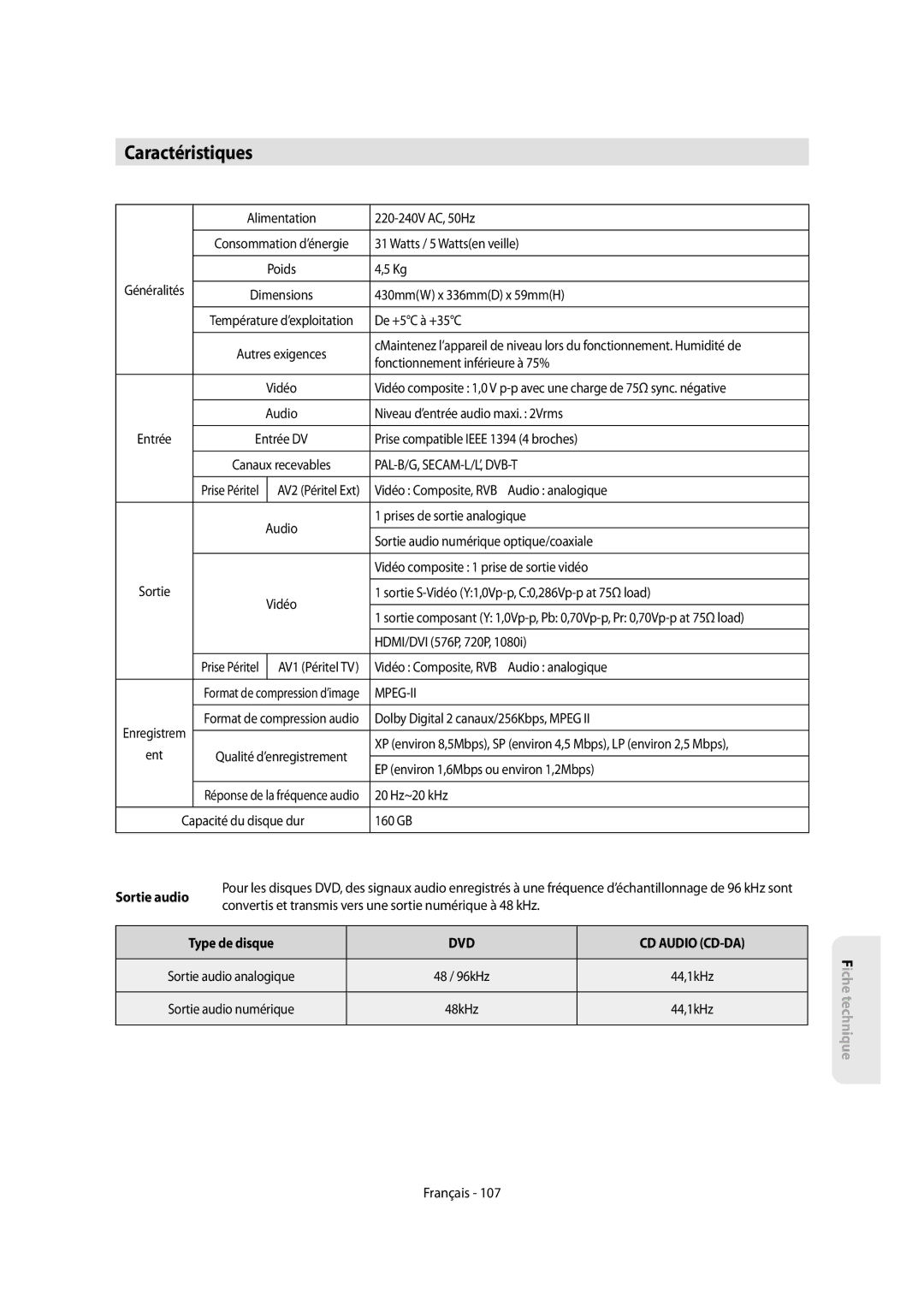 Samsung DVD-SH853/XEF, DVD-SH854/XEF manual Caractéristiques, Sortie audio, Type de disque 